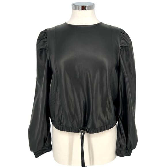 Zara Womens Black Faux Leather Long Puff Sleeve Drawstring Top  Size Large - Picture 1 of 10